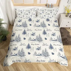 Navy Blue Christmas Duvet Cover,Winter Village Bedding Set for Kids Adults,Christmas Tree Reindeer Pattern Duvet Cover Set,Xmas Holiday Quilt Cover