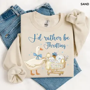 I’d Rather Be Thrifting Sweatshirt Retro Thrift Aesthetic Shirt Blue Gold Vintage Decor Cart Boutique Style Pullover