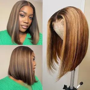 4/27 Ombre Highlight Bob Wig Human Hair 16 inch straight 427 bob wig 13x4 Highlight HD Lace Frontal Bob Wig Human Hair 200% Density Pre Plucked Ombre Short Bob Wigs for Black Women