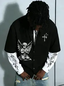 Unisex Street Style Y2K Retro Christian Praying Angel Print with Dark Cross Pattern Spring/Summer Breathable Trendy Black and White Patchwork Shirt, Gothic style outfits, men's gifts, couple outfits, high street culture, and Christian clothing