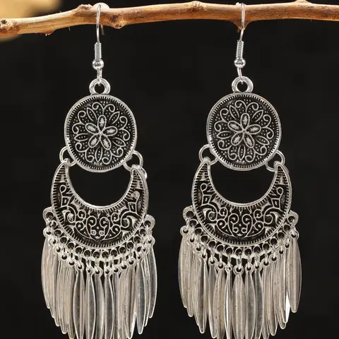 Boho Style Hollow Out & Tassel Decor Dangle Earrings, Dangling Earrings, Bohemian Earrings, Fashion Earrings, Statement Earrings, Vintage Style Drop Earrings for Women, 2024 New Style Trendy Jewelry Gift for Party and Daily Life