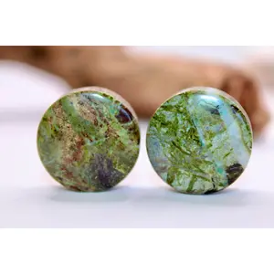 African Jade Stone Plugs - Durable Green and Red Gauge Pair with Natural Marbling, Calming Energy Natural Crystal Earrings, Daily Wear Jewelry Accessories for Connection to Nature