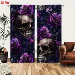 2D Flat 2-Pack Gothic Macabre Purple Rose and Skull Pattern Blackout Curtains, Dark Moody Background with Intricate Metallic Silver Skulls & Deep Purple Roses for Bedroom Living Room Window Decoration, Window Decorations Supplies