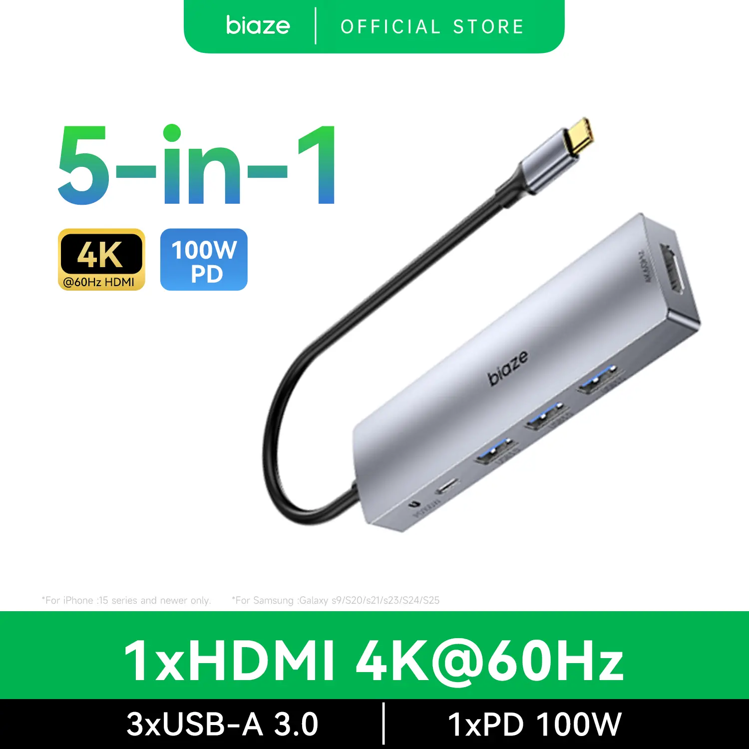 Biaze 5-in-1 USB-C Hub, 4K HDMI Adapter（HDMI Cable Not Included) 100W PD Fast Charging, 3 USB 3.0 Ports, Hub for Laptop. Compatible MacBook Air/Pro M4/M3 and iPhone 15/16 back to school,back to school haul