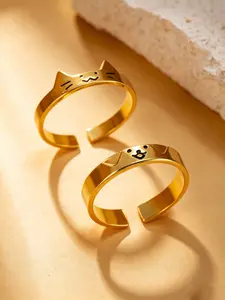 2PCS Cat Face Open Ring Set, Couple Rings, 18K Gold Tone Plated/Silver Tone Options, Hypoallergenic & Fade Resistant, Adjustable Design, for Daily, Dating & Gifting Wear
