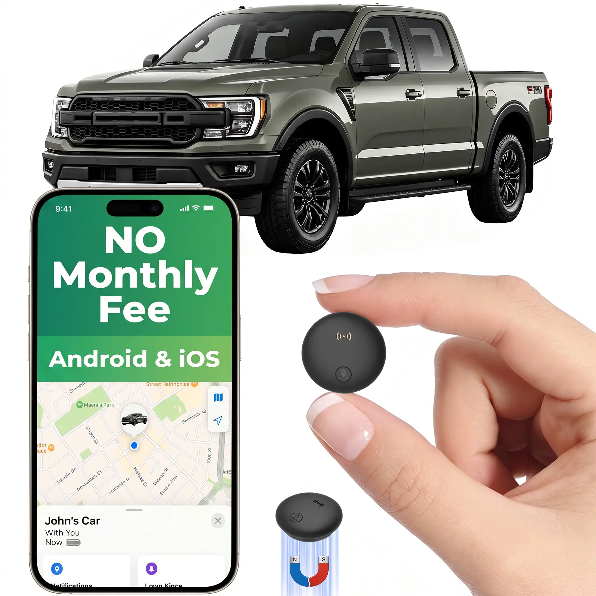 Magnetic GPS tracker for vehicles,  no subscription required, no monthly fees or SIM card needed, compatible with Android’s “Find Hub” and iOS’s “Find My” features, global anti-theft device, discreet GPS tracking device for cars and motorcycles