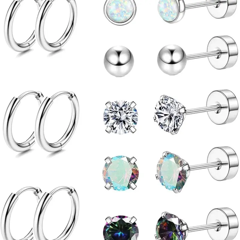 8 Pairs Stainless Steel Earrings Suitable for Women Men 20G Small Opal Ball Zircon Flat Back Earrings Earrings Piercings Jewelry Fashion Accessories Hypoallergenic