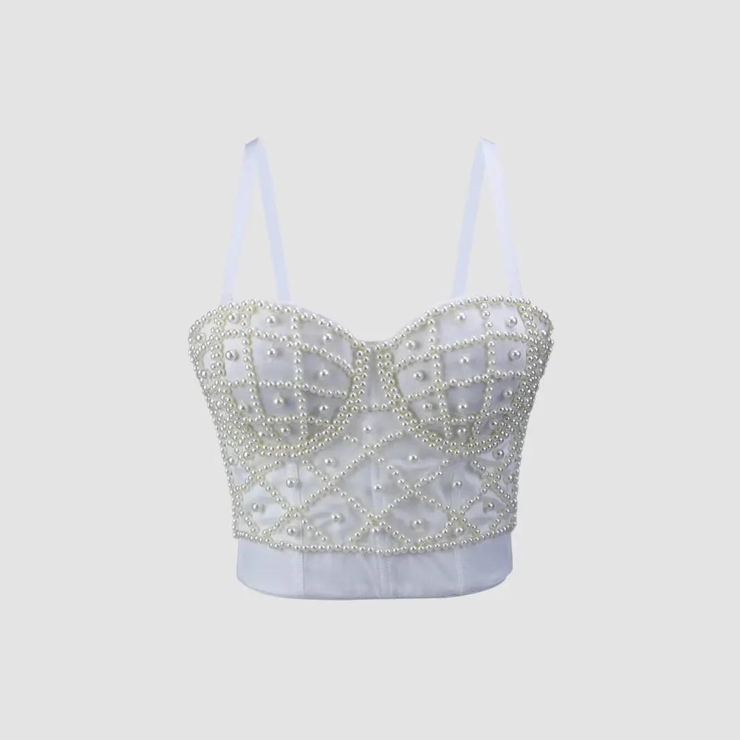 Pearl Embellished Corset Crop Top, Women's Sexy Sleeveless Short Streetwear for Party & Club Events, Spaghetti Strap