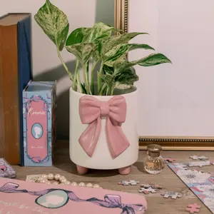 Footed Planter, Pink Bow Footed Planter, Pink Bow