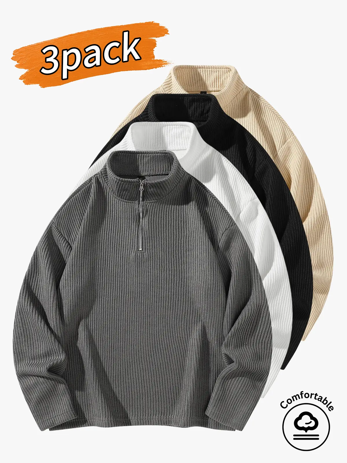 3-pack men's tops, men's long-sleeved sweaters, men's half-zip stand-collar sweaters.Minimalist half-zip design with a slightly high neckline; the zipper allows you to freely adjust how open the collar is. A slightly loose, close-fitting cut that isn’t ti