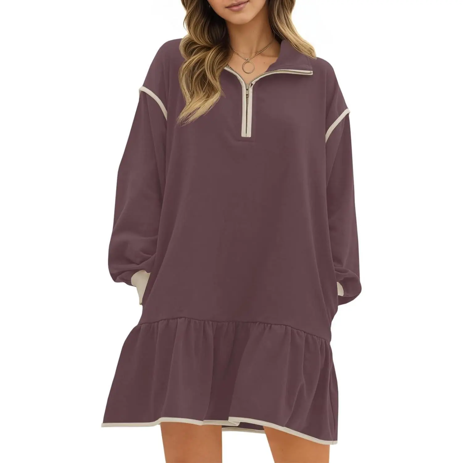 Imily Bela Womens Fall Oversized Sweatshirt Dress Casual Long Sleeve Quarter Zip Ruffle Hem Pullover Mini Dresses