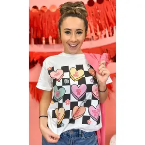 Tees2urdoor Women's Love Checkerboard Conversation Hearts Graphic Cotton T-Shirt - Short Sleeve, Crew Neck, Fitted Cut, Basic Casual Streetwear Top, Party Wear, Pairable with Flower Accents & Cardigans