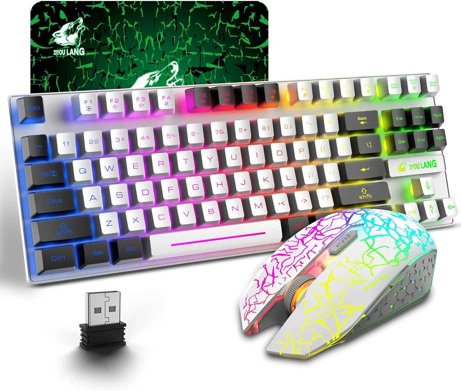 ZIYOU LANG T87 Wireless Gaming Keyboard & Mouse Combo (WhiteBlack) with Rainbow LED Backlit, Rechargeable Mechanical Feel, Antighosting, macaron  keyboard clix  keyboard