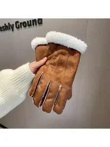 Winter men's and women's plush fleece-lined thick cute faux lamb fur cuff windproof faux suede gloves for riding and driving