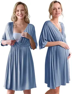 Ekouaer 3 in 1 Labor Delivery Hospital Gown Maternity Dress Nursing Plus Size S-XXL Skin Friendly Elastic Waistline V Neck Design Postpartum Outfit