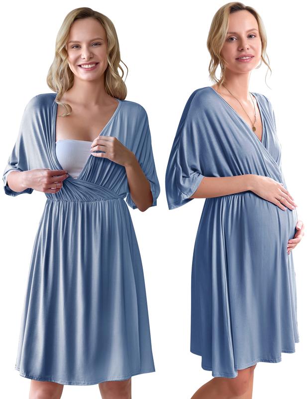 Ekouaer 3 in 1 Labor Delivery Hospital Gown Maternity Dress Nursing Plus Size S-XXL Skin Friendly Elastic Waistline V Neck Design Postpartum Outfit