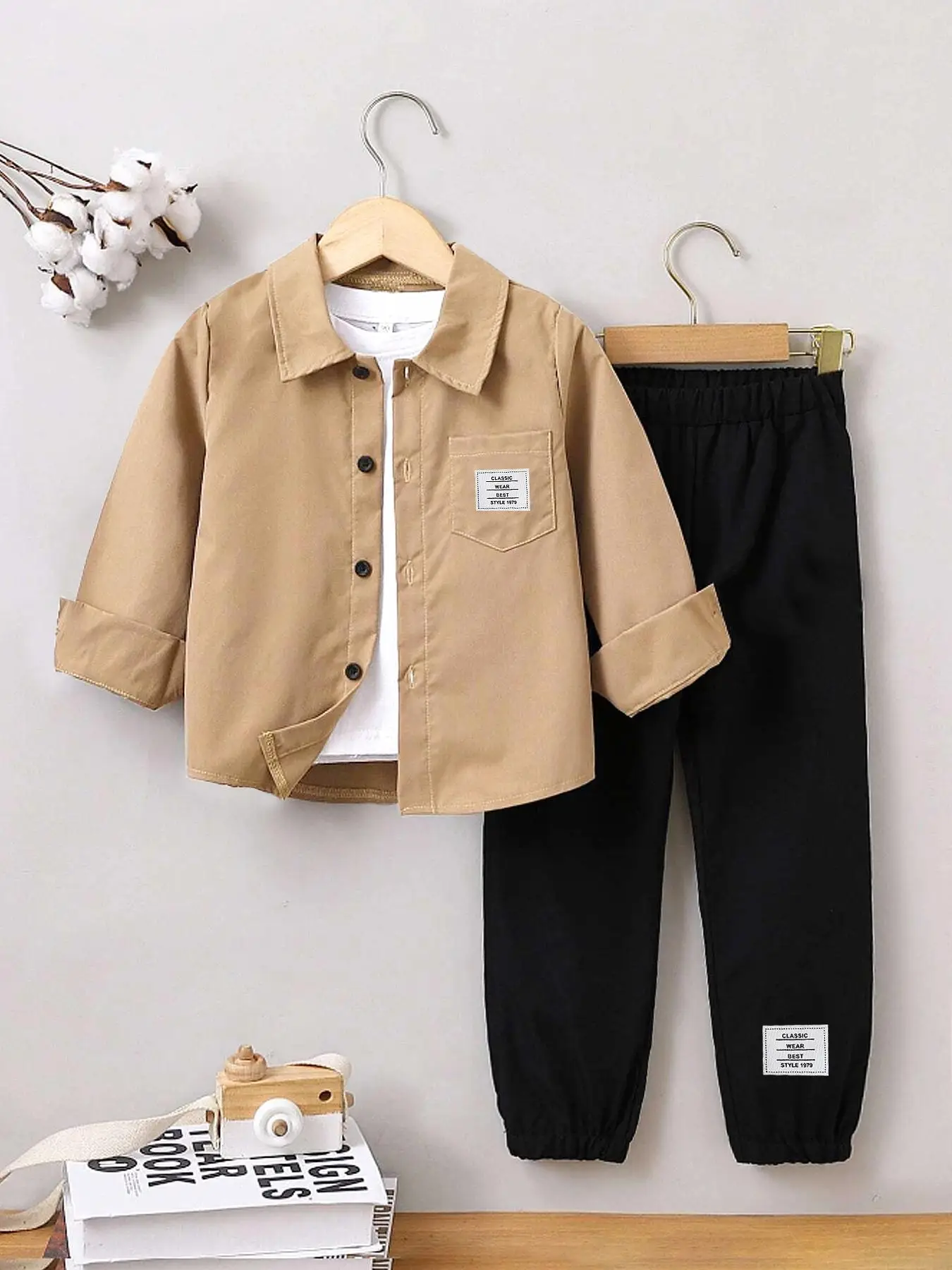 Toddler Boy's 2pcs Letter Patched Button Front Shirt & Elastic Waist Pants Set, Long Sleeve Collared Pocket Top & Trousers, National Day Clothing, Cas
