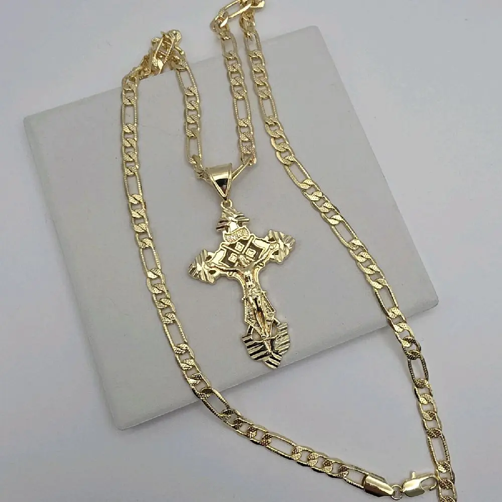 CHRIST ON THE CROSS Fashion necklace figaro style gold-plated 24"inches new