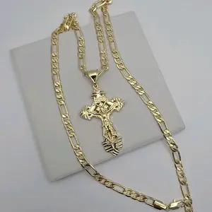 CHRIST ON THE CROSS Fashion necklace figaro style gold-plated 24"inches new