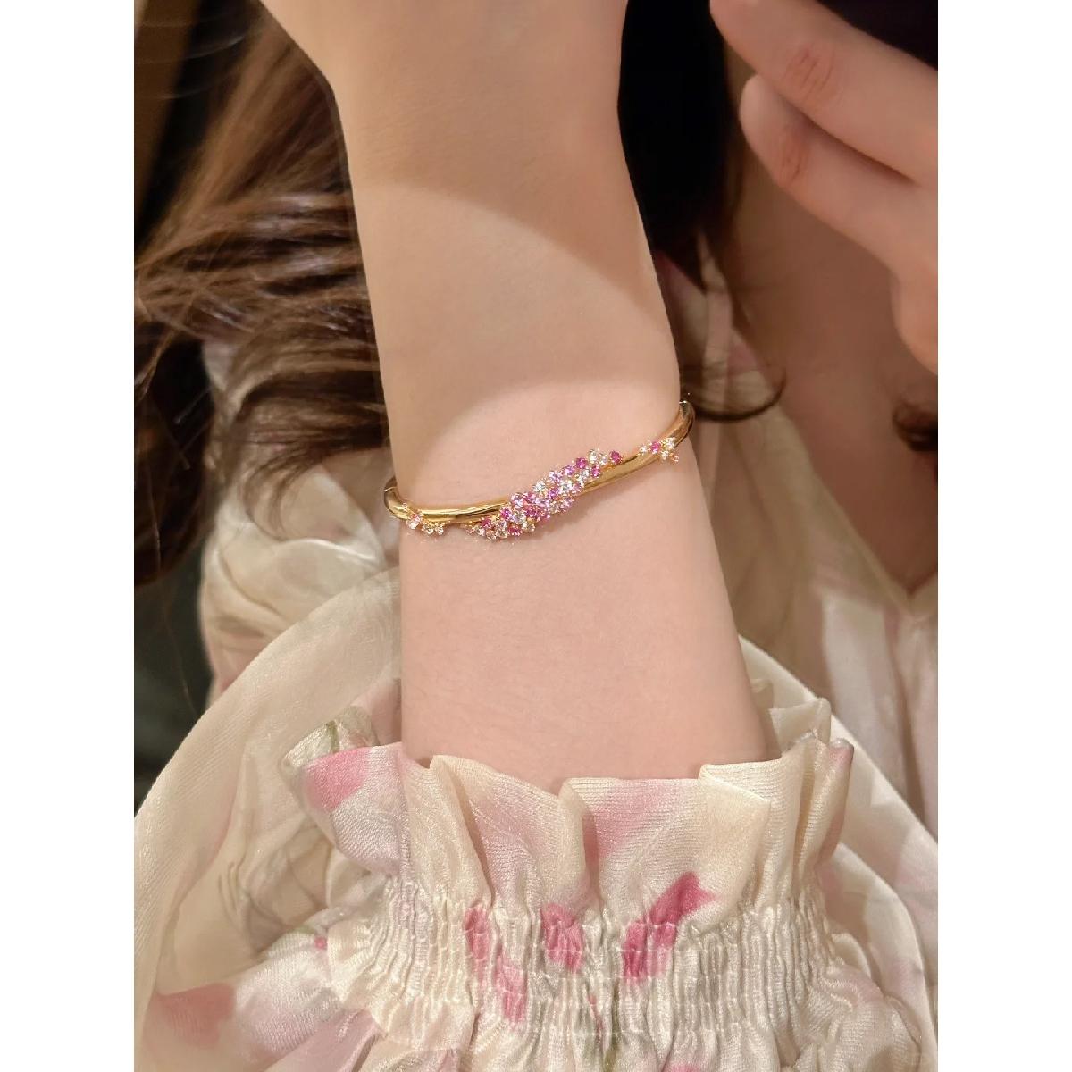 Elegant Pink Cluster Bangle Bracelet for Women, Dainty Sparkly Floral Wrist Cuff, Luxury Inspired Everyday Wear Jewelry, Trendy Bridesmaid Gift, Formal & Casual Outfit Accessory, Timeless Design Stackable Bangle, Perfect Gift for Birthday/Anniversary