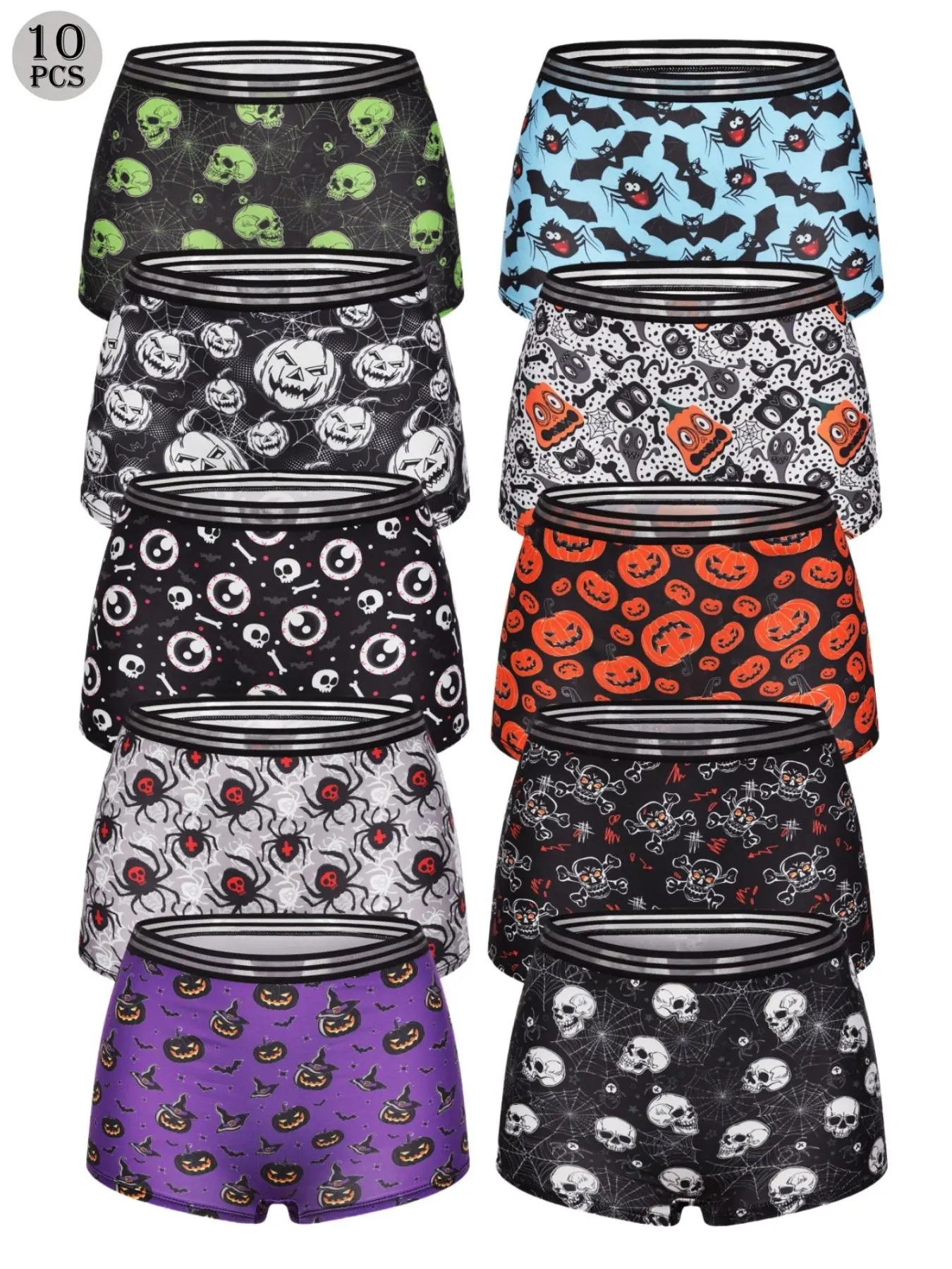 Morvia 5/10pcs Women Gothic Halloween Skulls Print Contrast Binding Boyshorts, Comfy & Sofy & Elastice Waist Intimates Panties, Women's Lingeries & Underwear Casual Comfy Panties, Fashion Comfy Underwear
