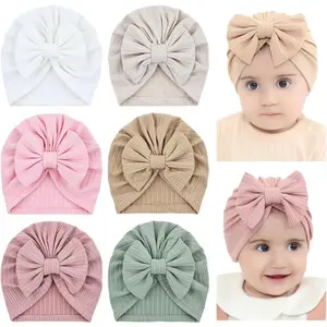 6 Pack Soft Turban Hats with Bow Donut Nursery Hospital Caps Beanies Bonnets for Baby Girls Newborns Infants Toddlers