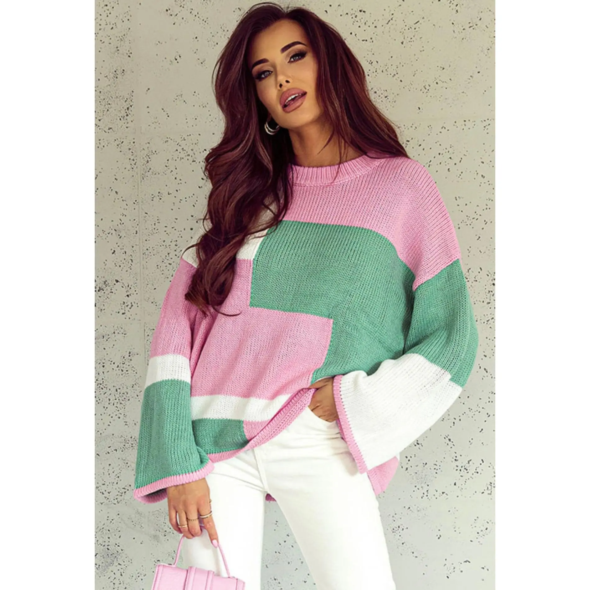 Pink and Green Colorblock Sweater