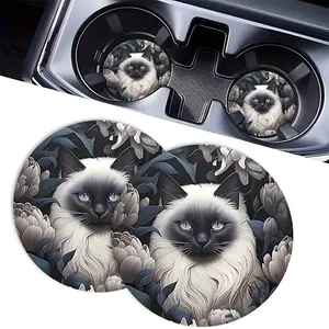 Siamese Cat Car Cup Holder Coasters, Vintage Floral Balinese Absorbent Rubber Mat, Cute Kitten Aesthetic Vehicle Interior Accessories Gift 2pc