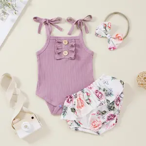 Cute Infant Baby Girls Summer Clothes Tie Up Ripped Romper Tops and Flower Shorts with Headband 3pcs Outfits Set