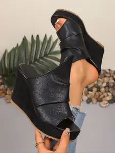 Women's Black Leather Wedge Sandals, Peep - Toe Platform Walking Shoes, Comfortable Outdoor Casual & Daily Commute Footwear, Stylish Party & Summer Fashion Dressy Mules, All - Match High - Heel Pumps for Girl