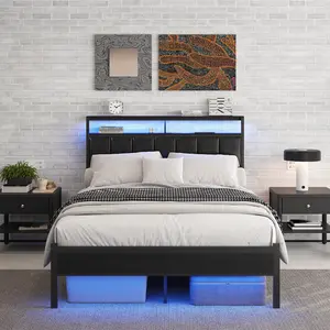 Queen Size Bed Frame with Charging Station and LED Lights,  Black Upholstered Headboard with 2-Tier Storage Shelves,Metal Bed Frame with Headboard, No Box Spring Needed, Easy Assembly, Black