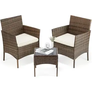 Rust-Proof 3 Piece Patio Furniture Set, All-Weather PE Rattan Wicker Chairs with Removable Cushions, Tempered Glass Bistro Table for Porch Balcony