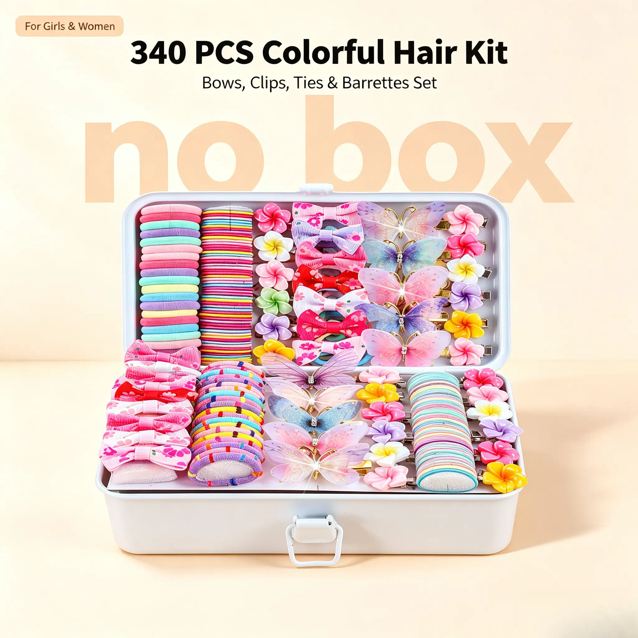340Pcs Bulk Girls Hair Accessories Set No Box Colorful Mini Elastic Hair Ties Bow Butterfly Flower Hair Clips Cute Barrettes Multi-Style Decor For Daily School Birthday Holiday Gift For Little Girls Teens Women（no box）