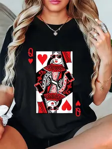 100% Cotton Classic Black Queen of Hearts T-Shirt: Adult, Short Sleeve, Cotton-Polyester Blend