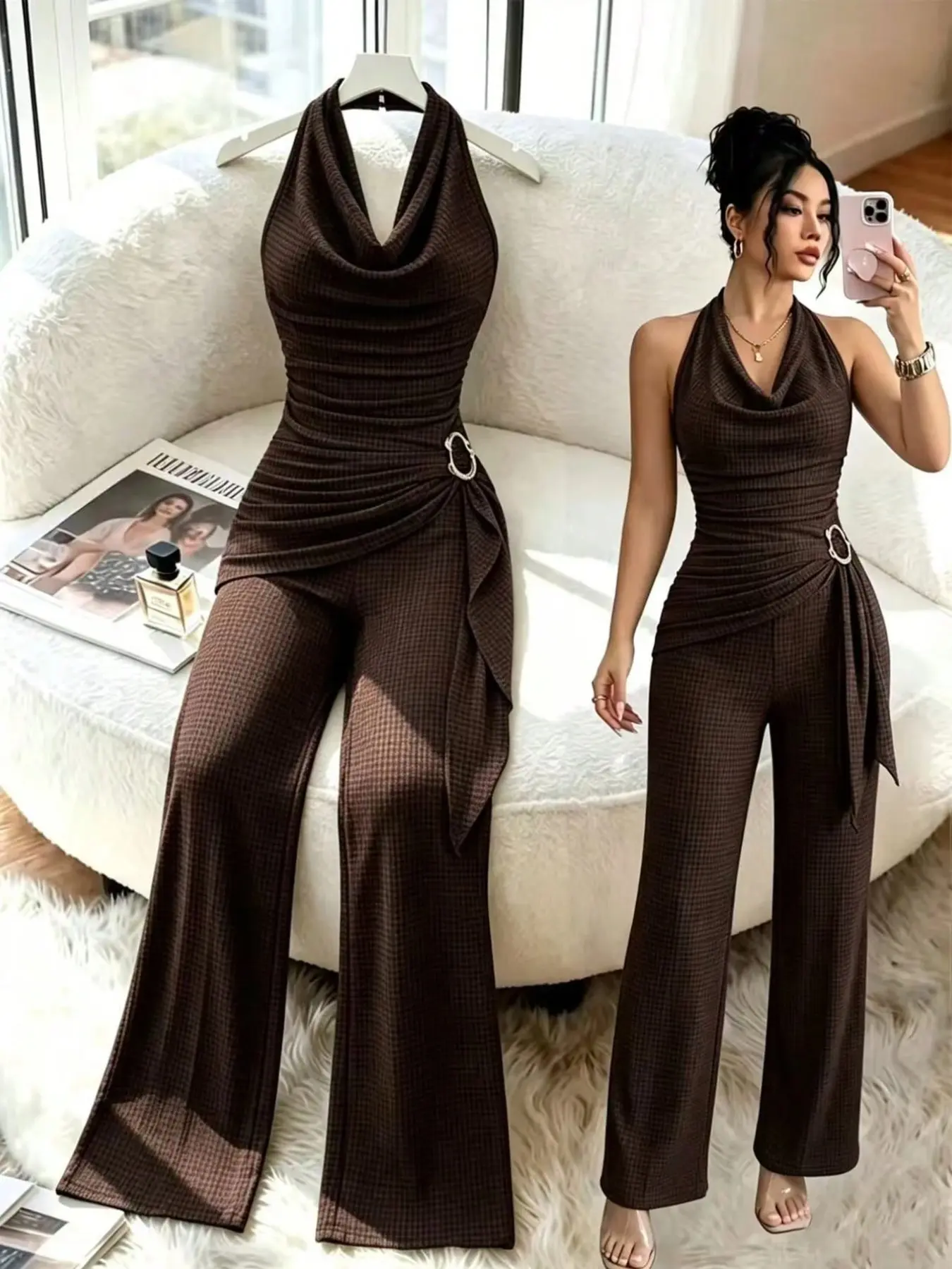 Elegant Solid Knit Halter Neck Sleeveless Jumpsuit, Casual High Waist Wide Leg Slimming Jumpsuit for Daily / Office / Party Wear