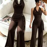 【Black Friday】Elegant Halter Neck Sleeveless Jumpsuit, High Waist Pleated Wide Leg Jumpsuit, Versatile for Daily / Office / Party Wear