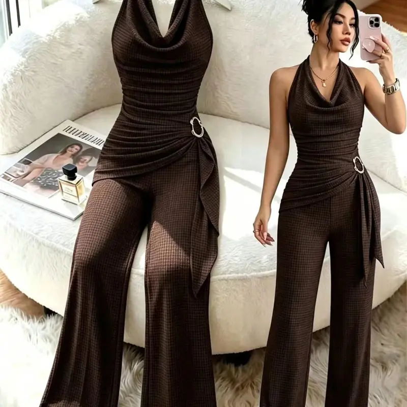 Elegant Halter Neck Sleeveless Romper, High Waist Pleated Wide Leg Pants, Slimming Straight Leg Long Pants, Versatile for Daily/office/party Wear