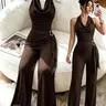 Elegant Halter Neck Sleeveless Romper, High Waist Pleated Wide Leg Pants, Slimming Straight Leg Long Pants, Versatile for Daily/office/party Wear