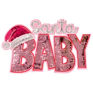 Iron On Sequin Patches Cute Christmas Santa Embroidered Sew On Applique Large Pink DIY Fashion Accessories Trendy Decoration for Clothing Backpacks