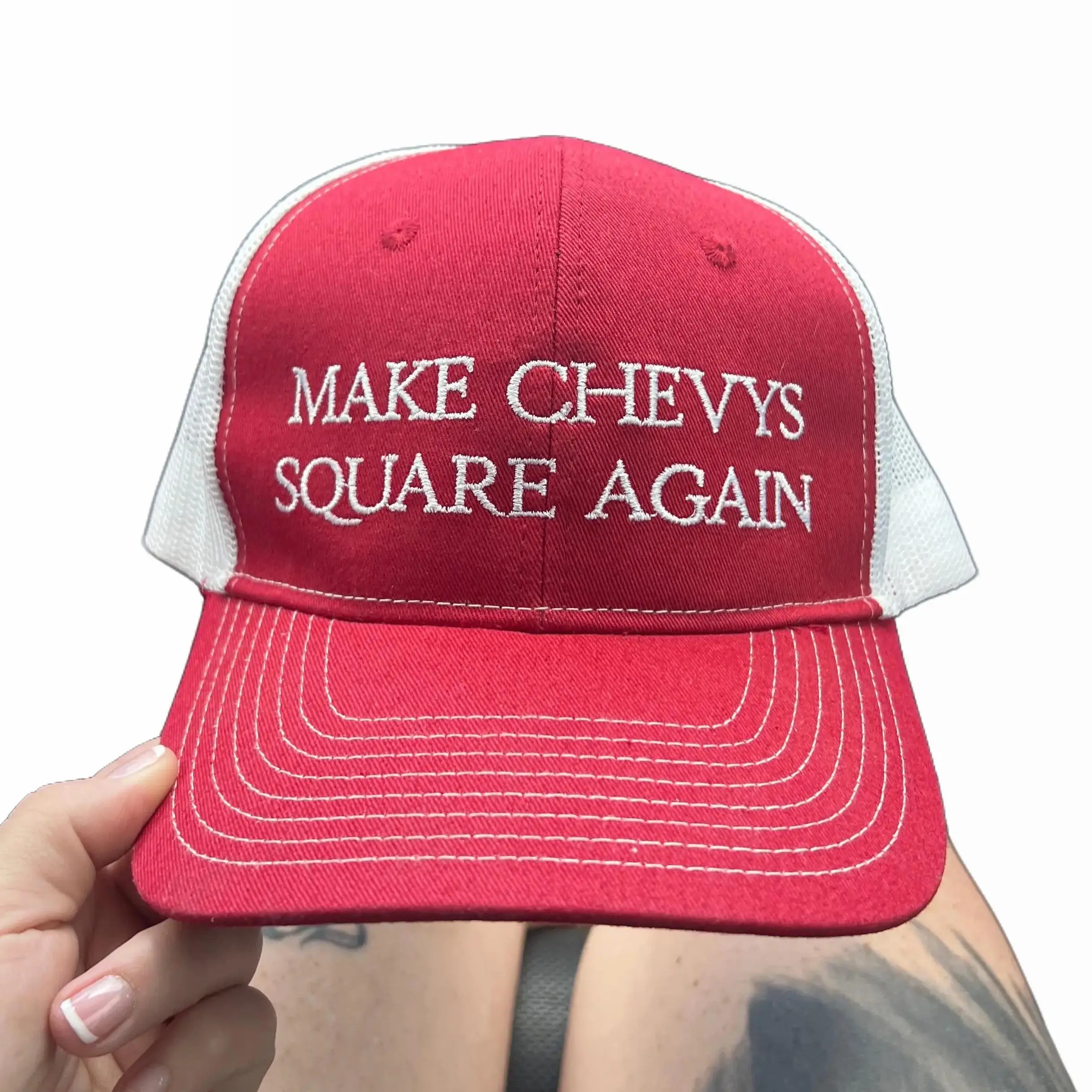 Save the Squarebodys Red White Trucker hat Save the Squarebodys Red White Trucker hat