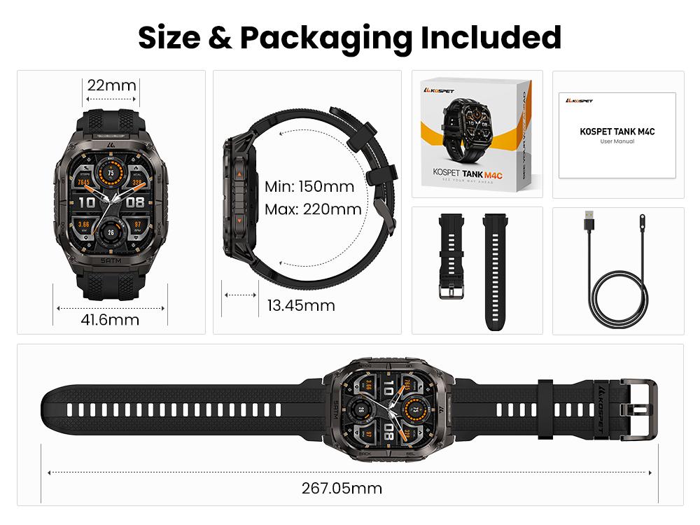 KOSPET Tank M4C Outdoor Smart Watch with GPS, 1.96" AMOLED Display, Built-in LED Flashlight & Walkie-Talkie, Long Battery Life, 50m Waterproof, Bluetooth Calls, 24/7 Heart Rate/Sleep Monitor