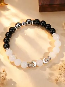 1pc Lunar Energy Bracelet Black Tourmaline Selenite & Hematite Moon Phase Charm Stretch Healing Balance Cleanse Crystal Bracelet