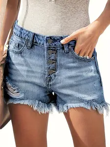 QIYSVER Stylish Womens Cut Off Denim Jean Shorts - Ripped, Distressed, Fashionable, Comfortable, Summer Essential - Perfect for Casual Outings, Beach Trips, and Outdoor Activities