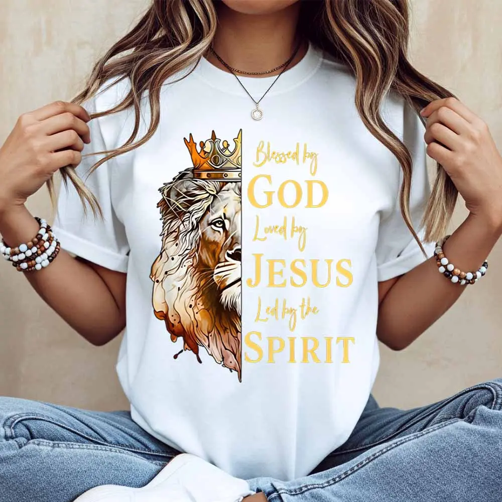 Lion With Crown And Blessed By God Loved By Jesus Led By The Spirit Print T Shirt Women Casual Short Sleeve Top