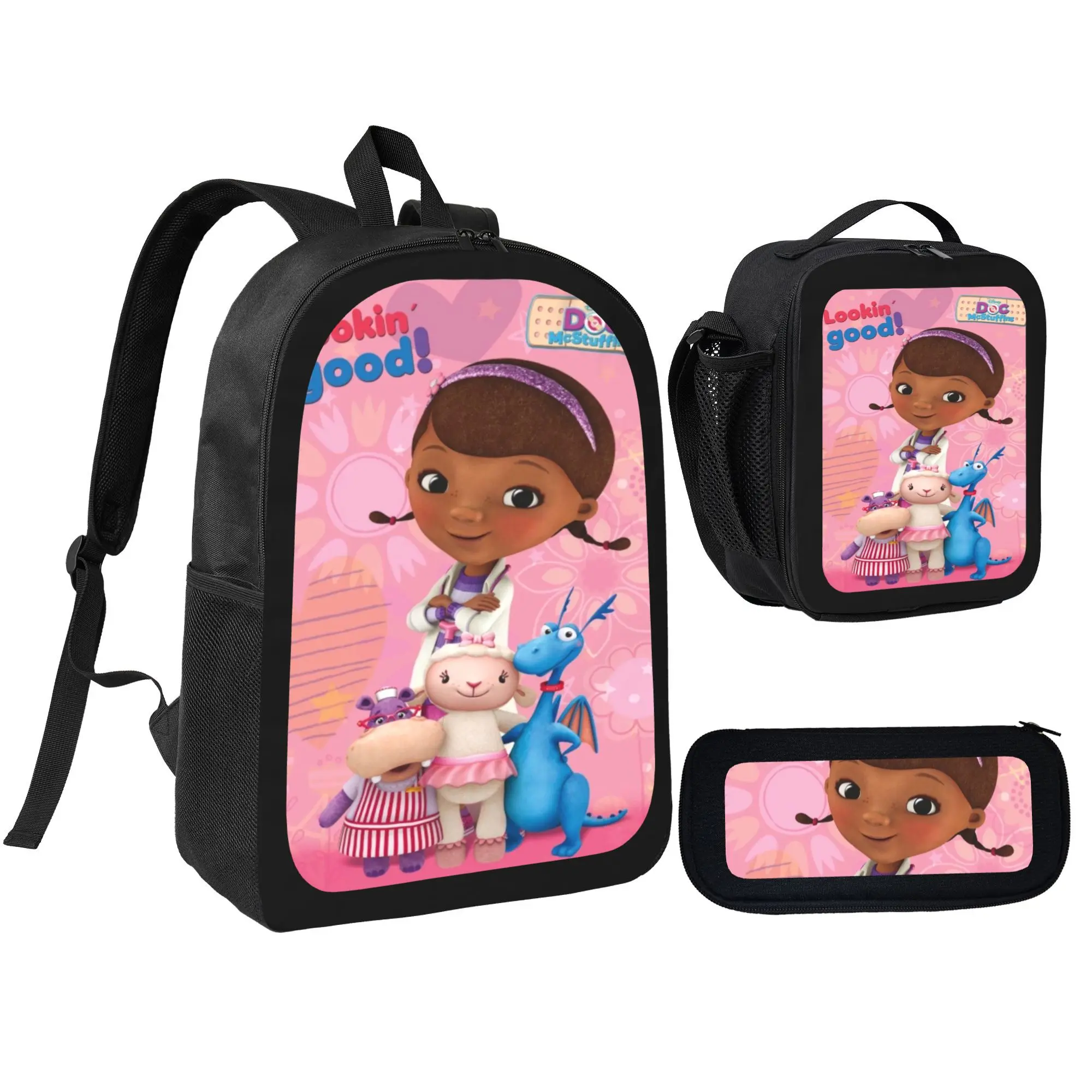 3pcs Cartoon Print Doc McStuffins Backpack Set Pack - School Bag with Zipper, Pencil Case, Lunch Box, Stuff for School, Park Use