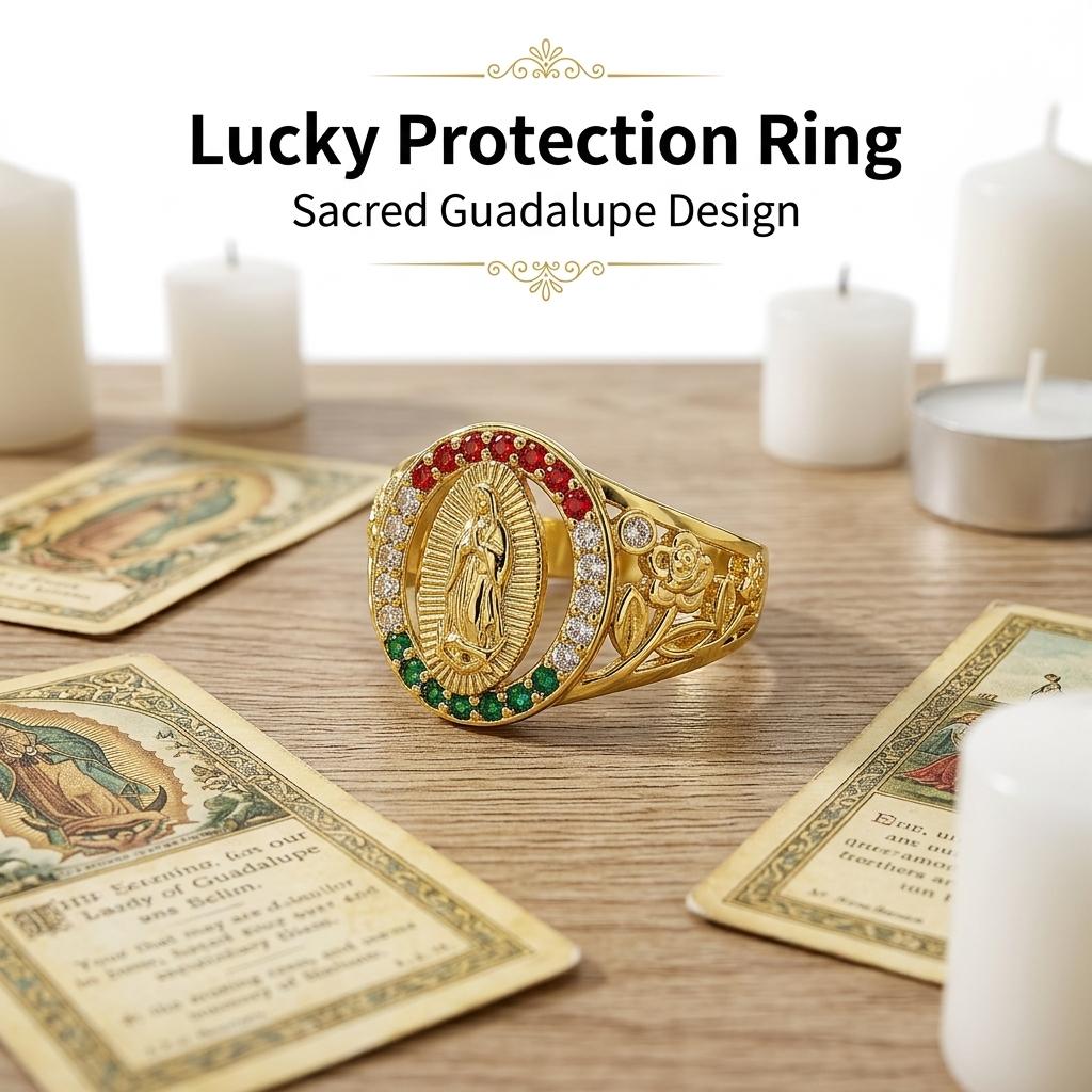 Our Lady of Guadalupe Color Zircon Ring, Vintage Gold Plated Hollow Carved Ring, Religious Prayer Jewelry, Gift for Elderly & Church Members