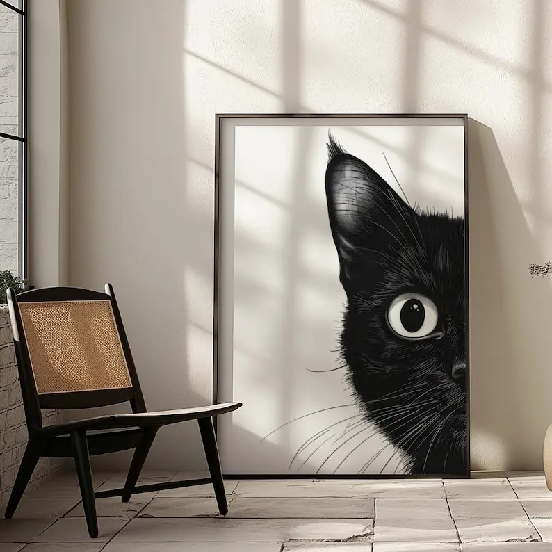Black Cat Minimalist Matte Vertical Poster Art Print - Fall Decor, Halloween Wall Art, Cat Poster, Fall Aesthetic, Black & White Drawing [UNFRAMED]
