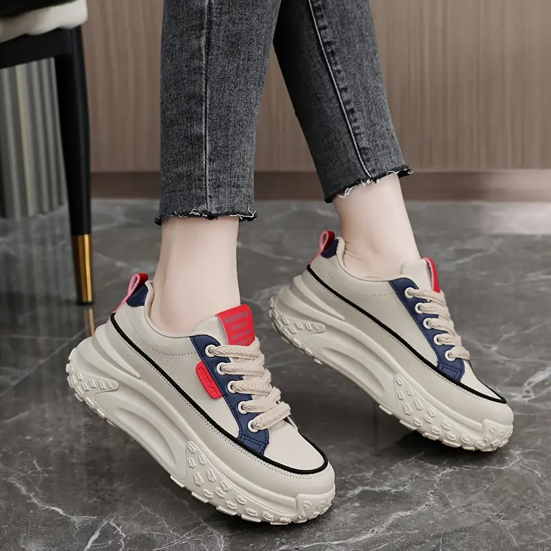Women's Thick-Soled Sneakers - Casual Lace-Up Outdoor Comfortable Low-Cut Plus Size Khaki Training Sports Shoes Closed for Athletic Walking Running