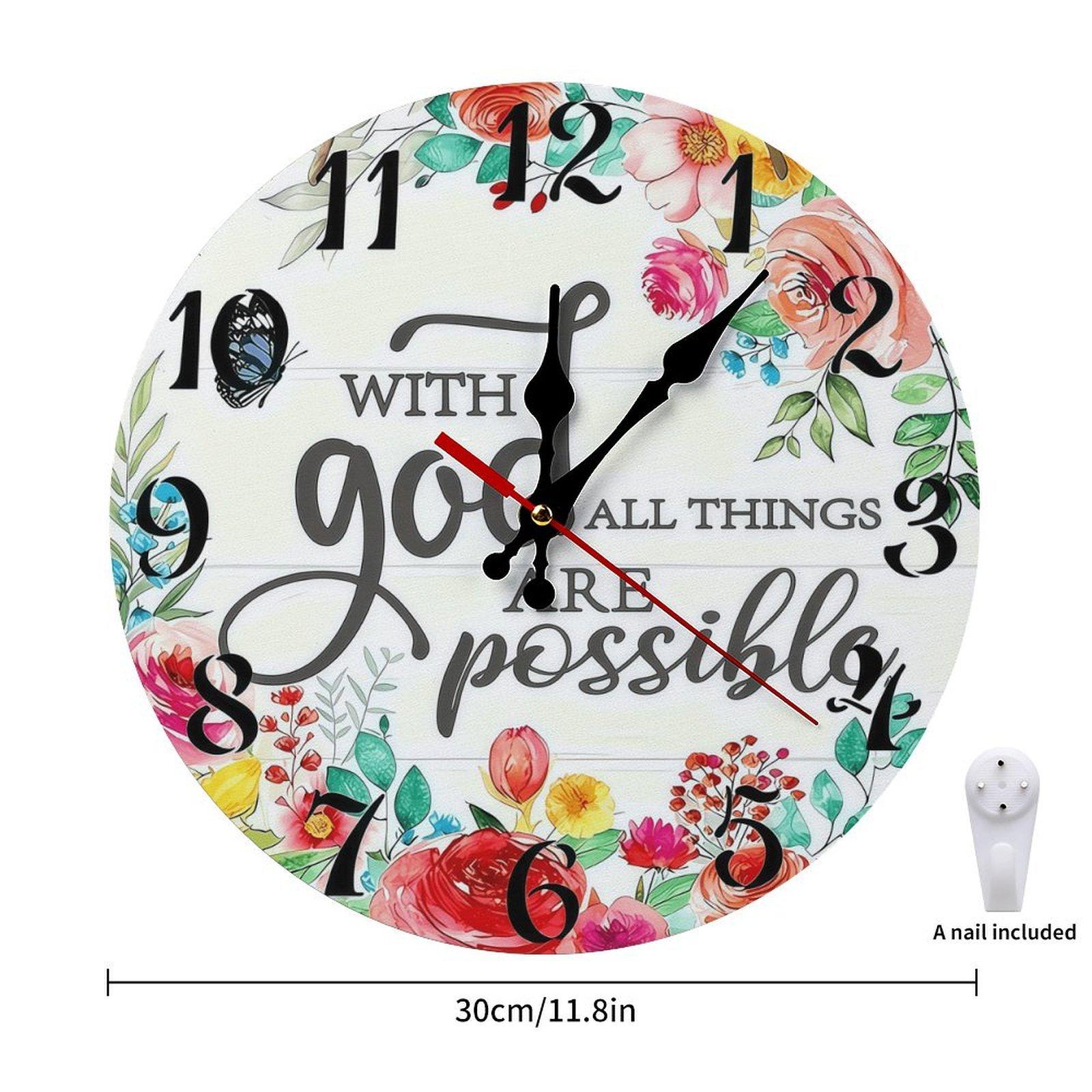 12 Inch "With God All Things Are Possible" Floral Wooden Wall Clock | Silent Non-Ticking Christian Religious Decor, No Battery Included, Perfect for Home, Church, Prayer Room 12 Inch "With God All Things Are Possible" Floral Wooden Wall Clock | Silent Non-Ticking Christian Religious Decor, No Battery Included, Perfect for Home, Church, Prayer Room