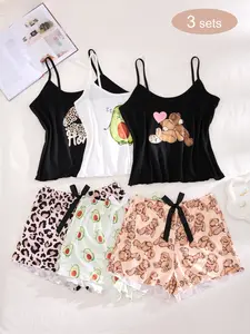 Women's Comfortable Printed Pajama Set Loungewear Nightwear with Fitted Heart Pattern Sleeveless Spaghetti Strap Camisole Tank Top and Shorts for All Seasons, Casual and Relaxing Home Wear for Women